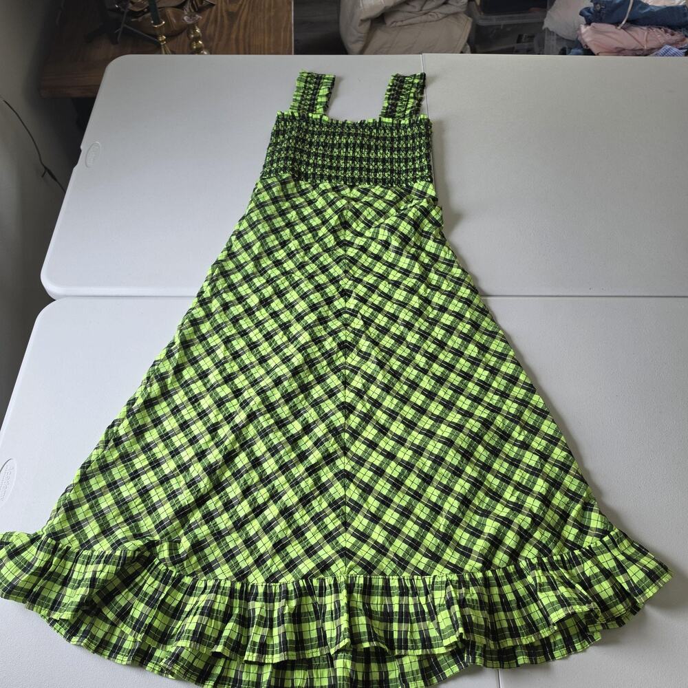 Ganni Dress Womens 36 US 4 Green Check Plaid Smocked Ruffle Sundress Witch Goth